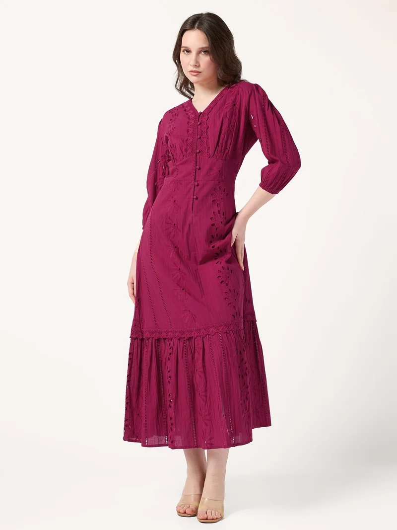 Outzidr  Fuchsia Pink V Neck Schiffli Dress for Women | Best Price UAE